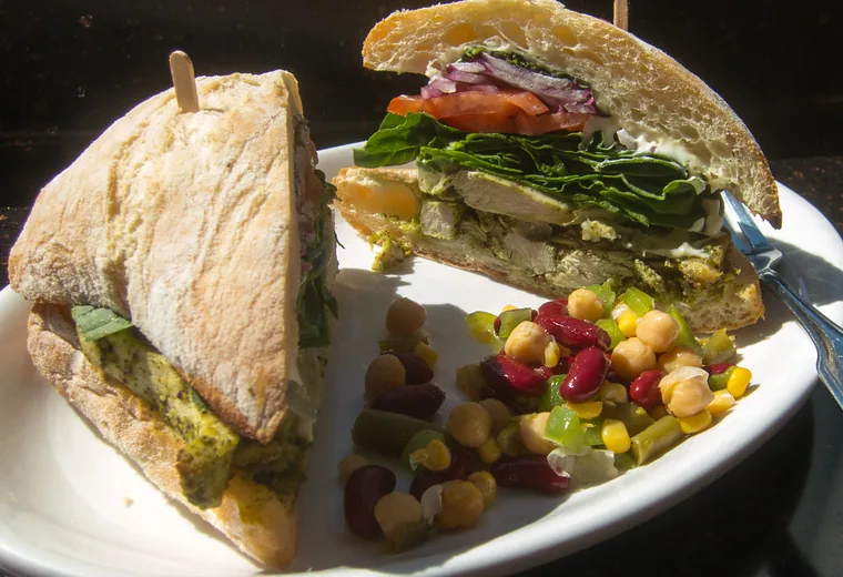 A sandwich with vegetables on a plate