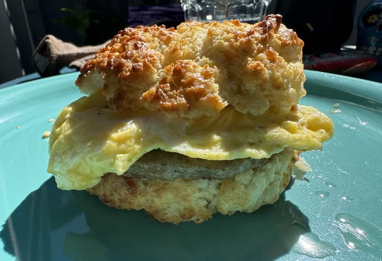 A fried chicken biscuit sandwich